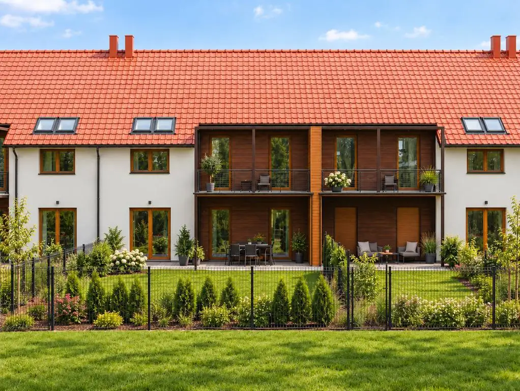 Osiedle domów szeregowych, widok od strony ogrodów